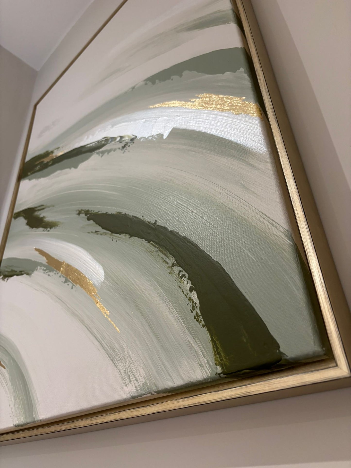 Sage Green, Beige & Gold Wave In Gold Floating Frames