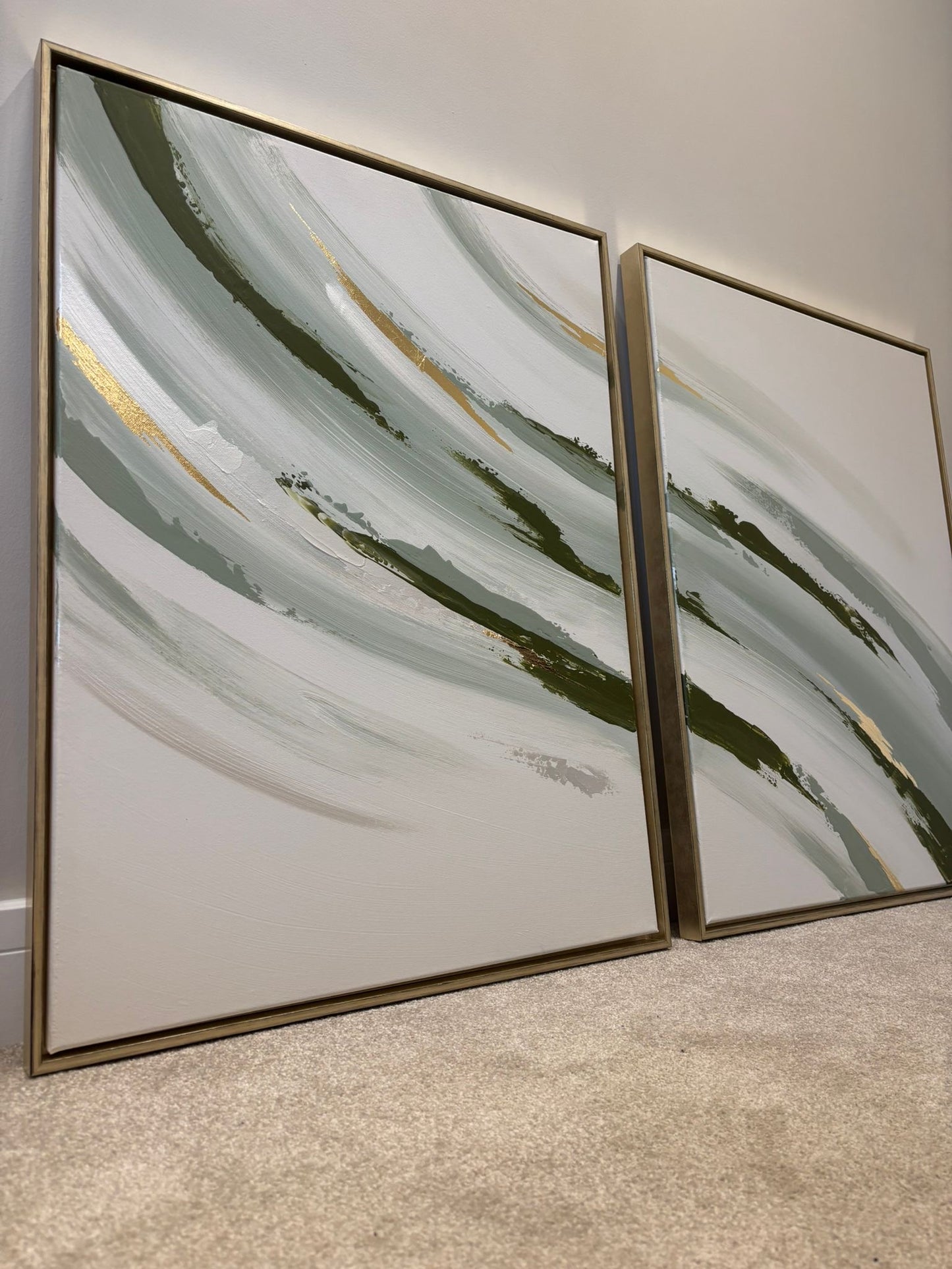 Sage Green, Beige & Gold Wave In Gold Floating Frames