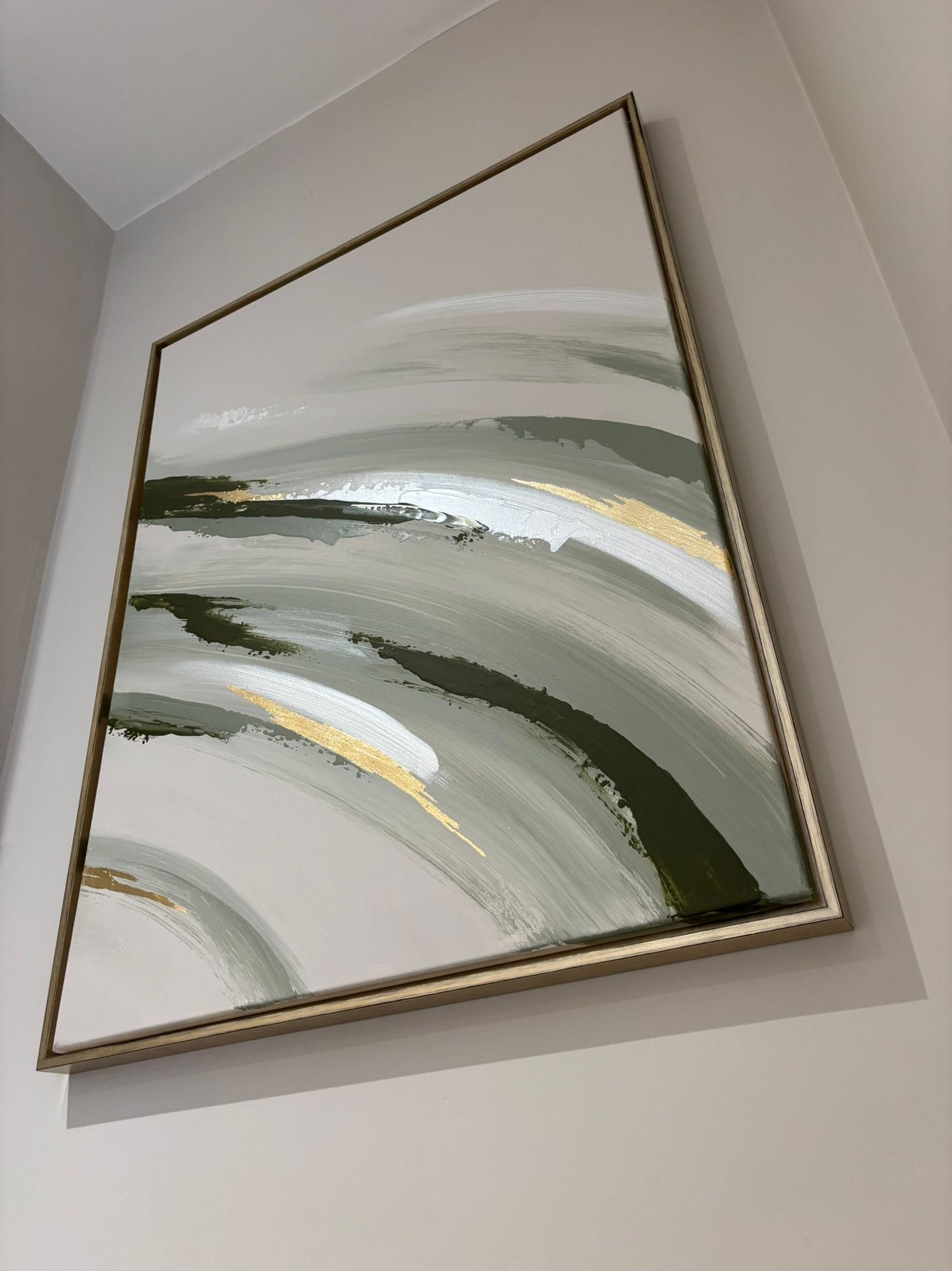 Sage Green, Beige & Gold Wave In Gold Floating Frames