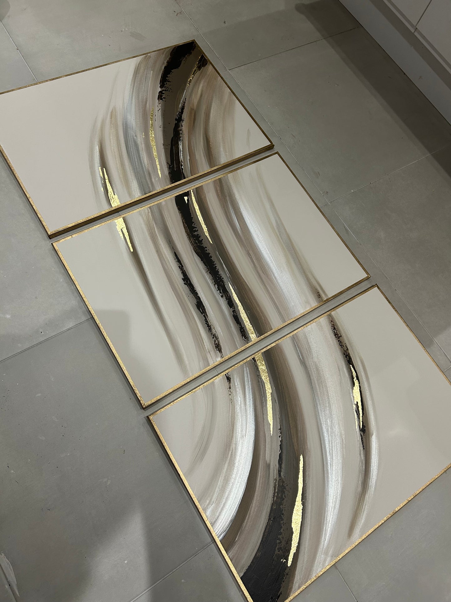 Black, Beige & Gold Leaf - 3 Piece Wave