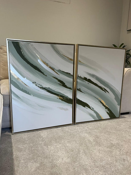 Sage Green, Beige & Gold Wave In Gold Floating Frames